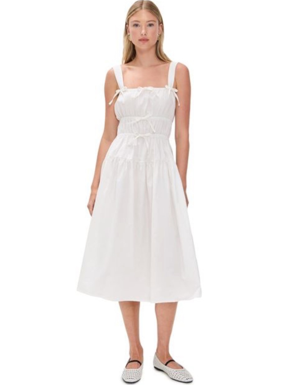 NEW The Lulo Project White Bahia Crudo Bows Smocked Waist Cotton Sundress